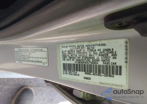 2003 Toyota Camry Se из США, поврежденный, VIN 4T1BE32K63U752904